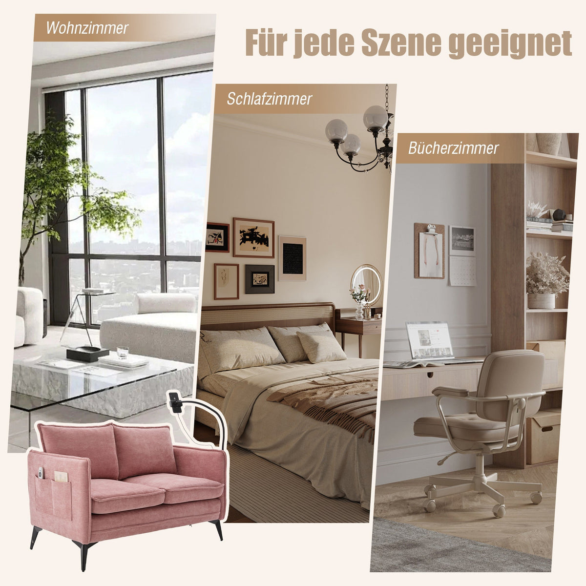 Modern Double Sofa with Storage & Adjustable Phone Holder, Fabric