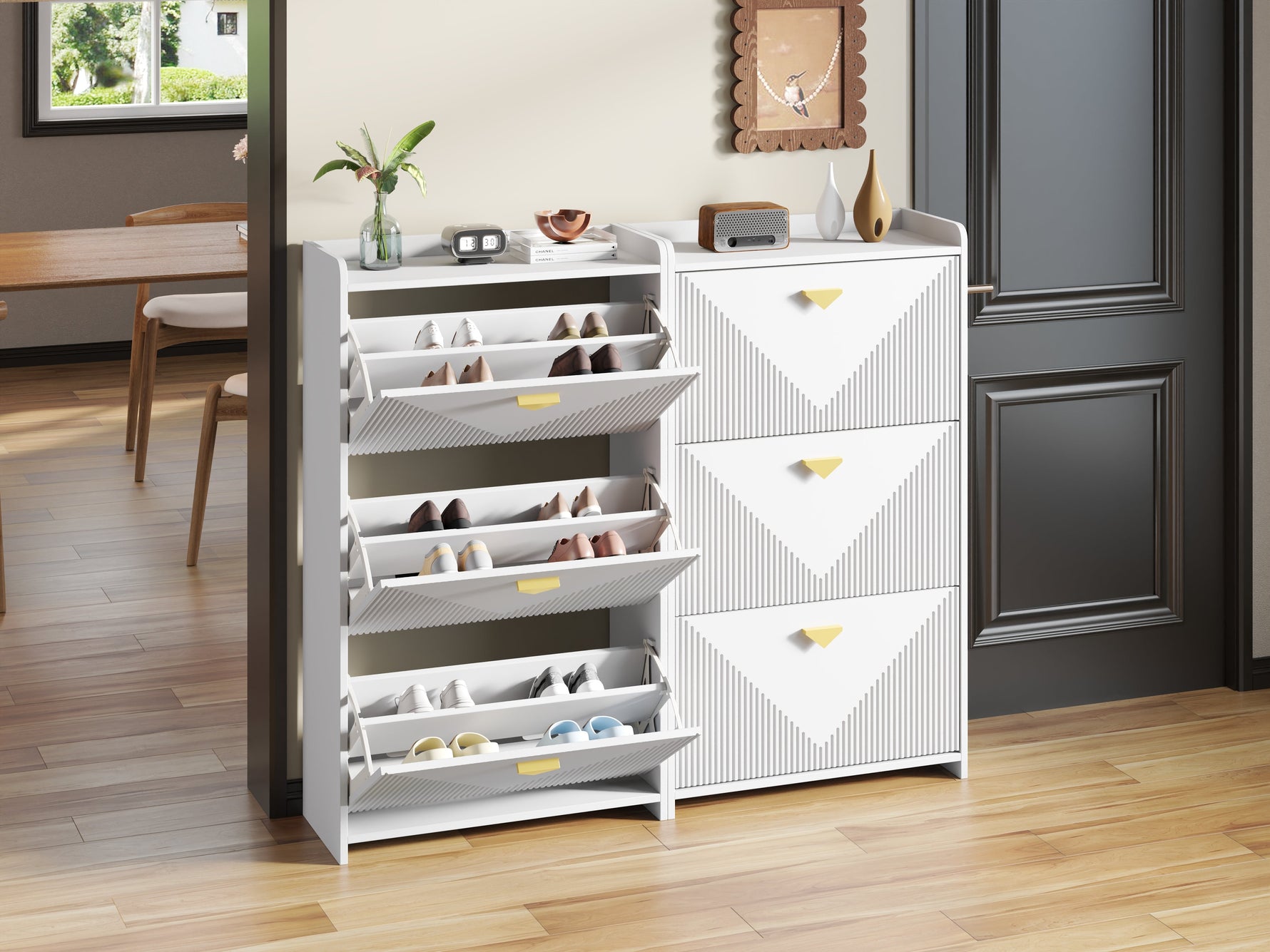 Shoe Cabinet with 6 Drop-Down Doors and Adjustable Width, White MDF