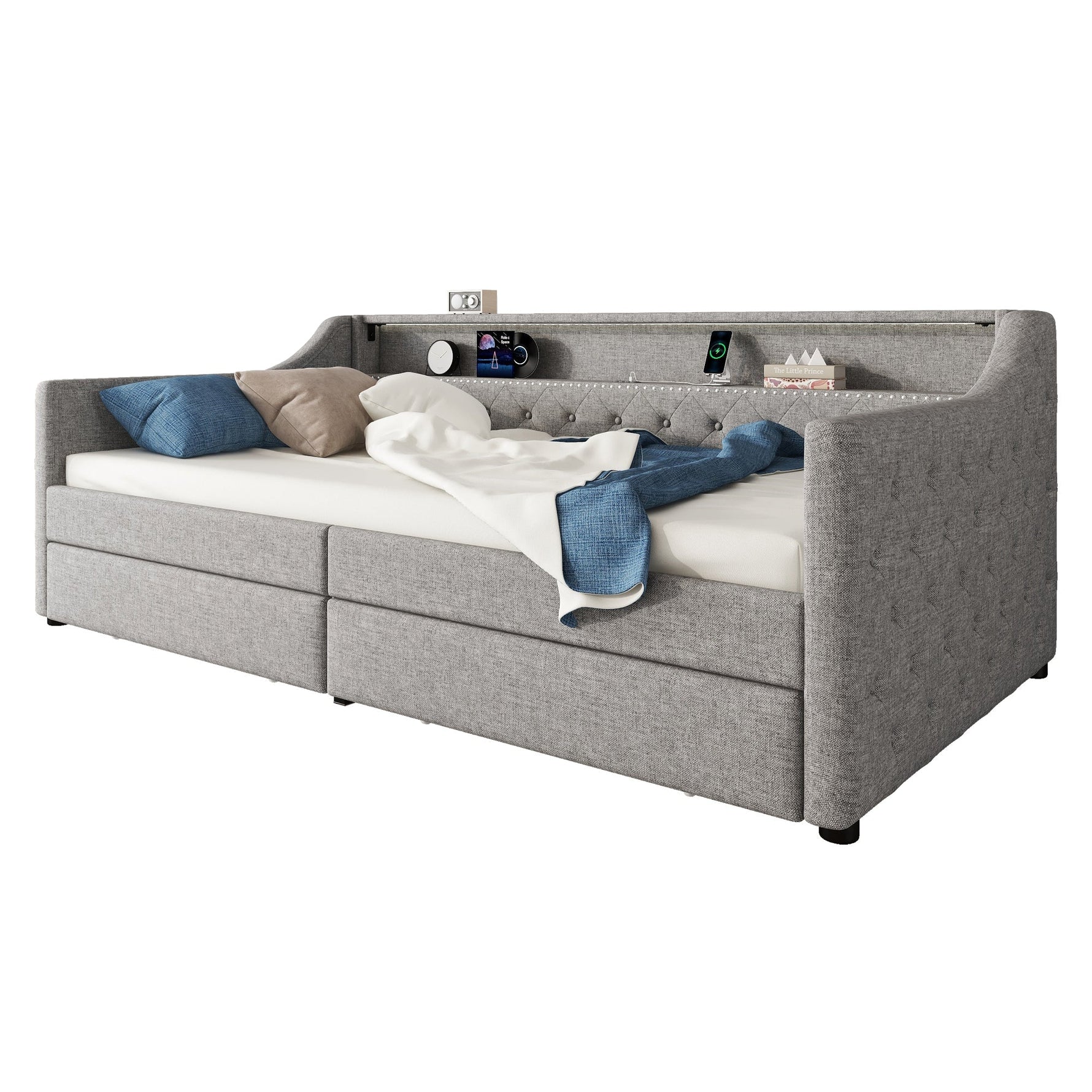 Daybed with LED Lighting, Slatted Base, Drawers and USB Port, Grey Linen