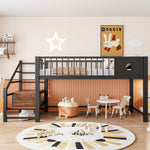Low Loft Bed with Storage Ladder and Metal Frame, 90x200cm, Black Metal