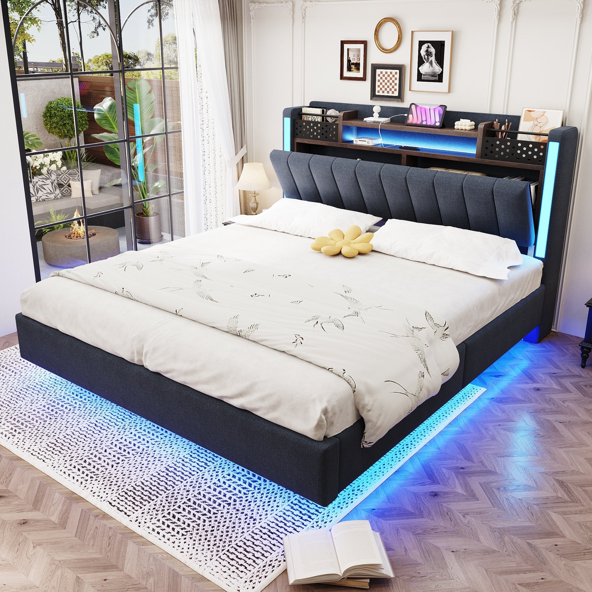 Upholstered Bed, 140x200, LED & USB, Storage Headboard, Floating Design, Grey Linen