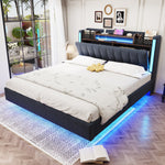 Upholstered Bed, 140x200, LED & USB, Storage Headboard, Floating Design, Grey Linen