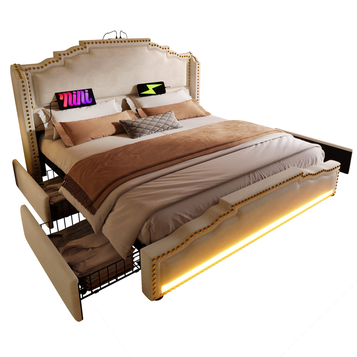 Upholstered Bed 140x200, Double with 4 Drawers, LED, USB-C, Velvet Beige