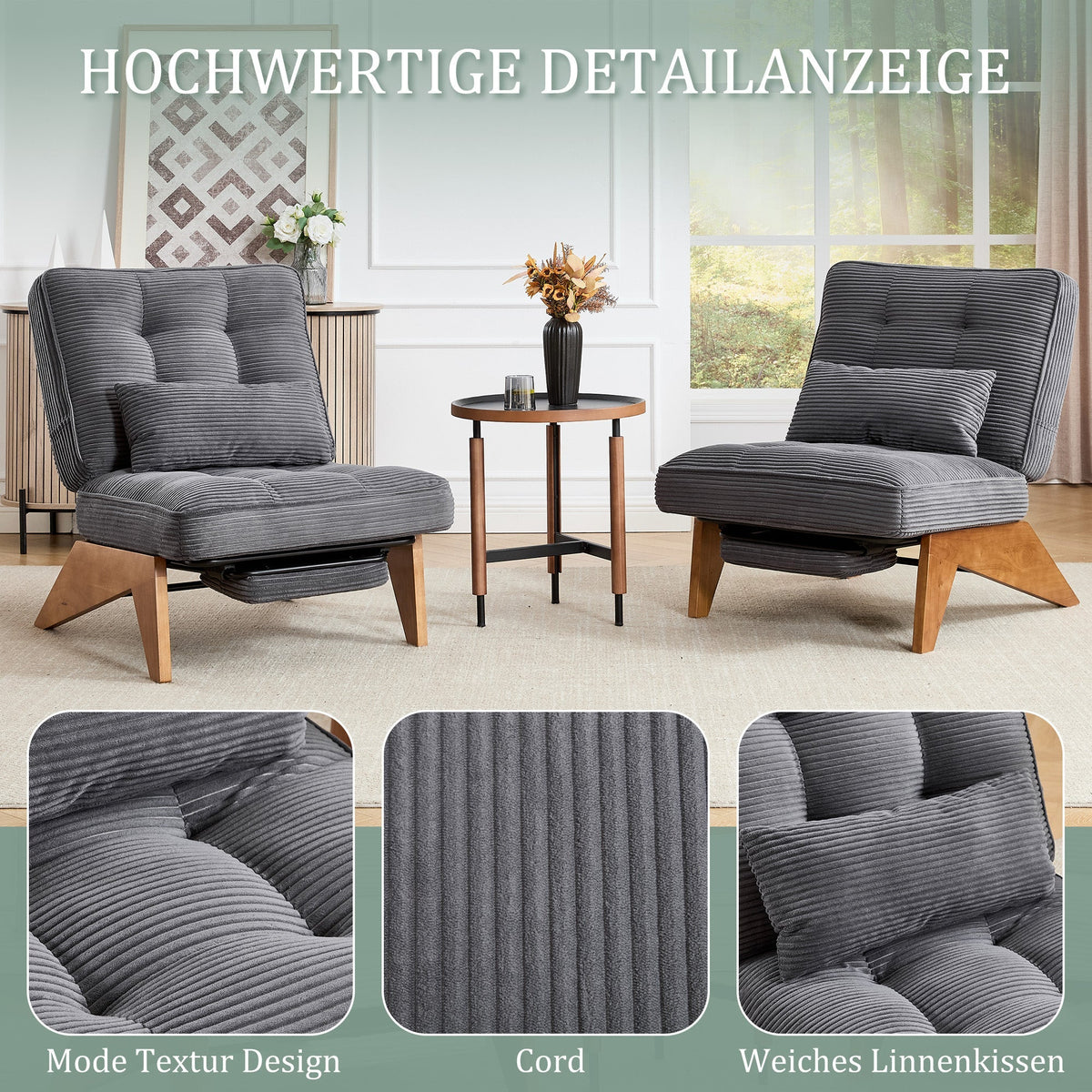 Lounge Chair Adjustable Backless Footrest Lumbar Cushion Wooden Legs, Fabric