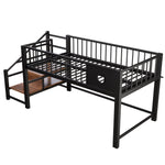 Low Loft Bed with Storage Ladder and Metal Frame, 90x200cm, Black Metal