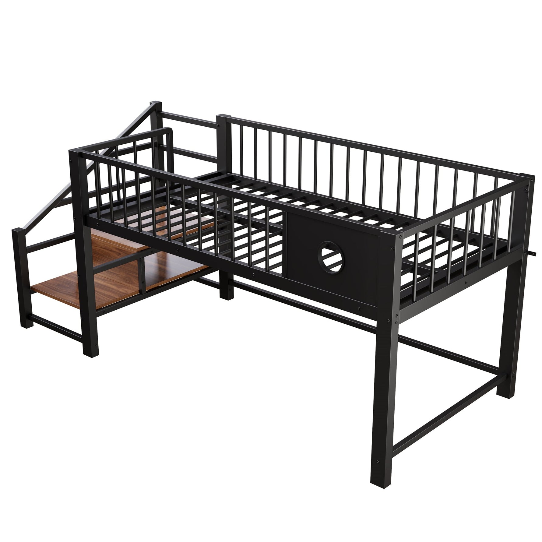 Low Loft Bed with Storage Ladder and Metal Frame, 90x200cm, Black Metal