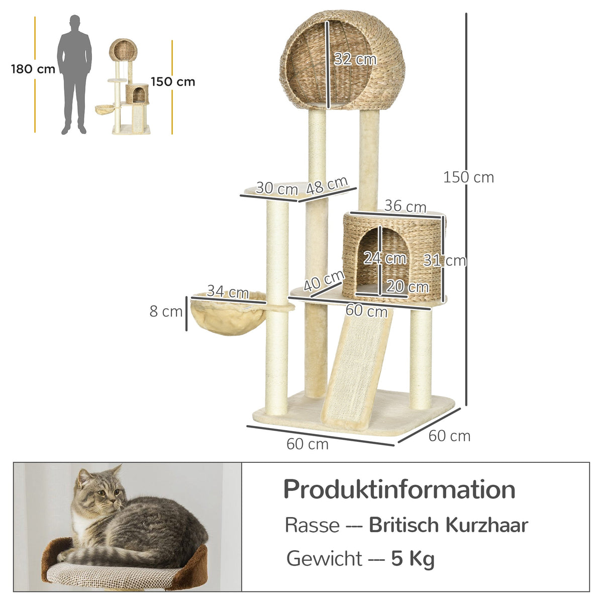 Cat Tree Rattan Cat House, Multiple Platforms, Hammock, Ramp, Anti-tip, Plush Beige
