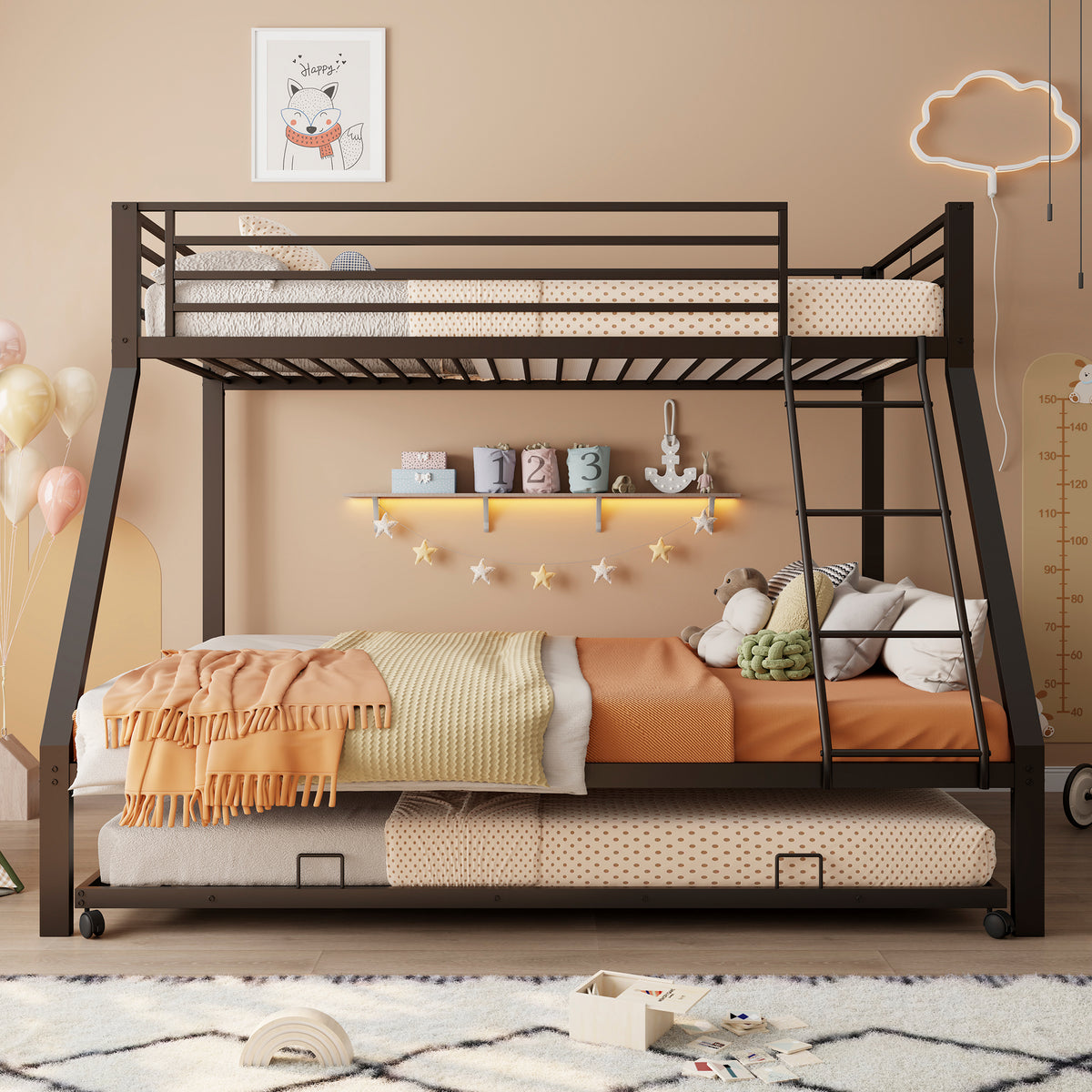 Metal Bunk Bed with Pull-Out Bed, 3 Sleeping Places, Black