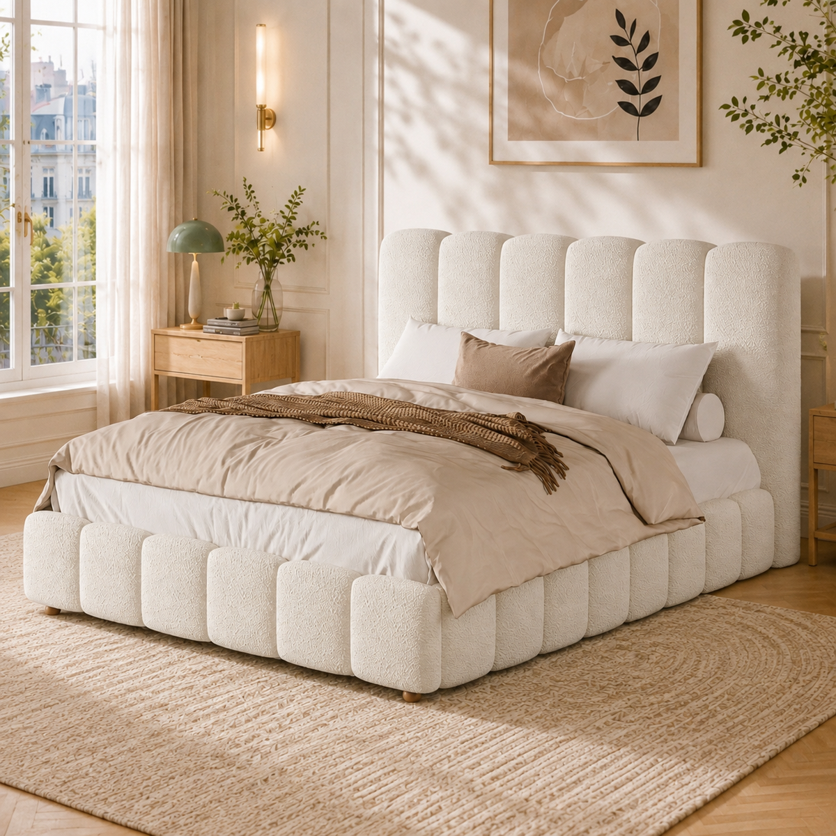 Upholstered Double Bed 140x190cm, Hydraulic Storage, White Bouclé