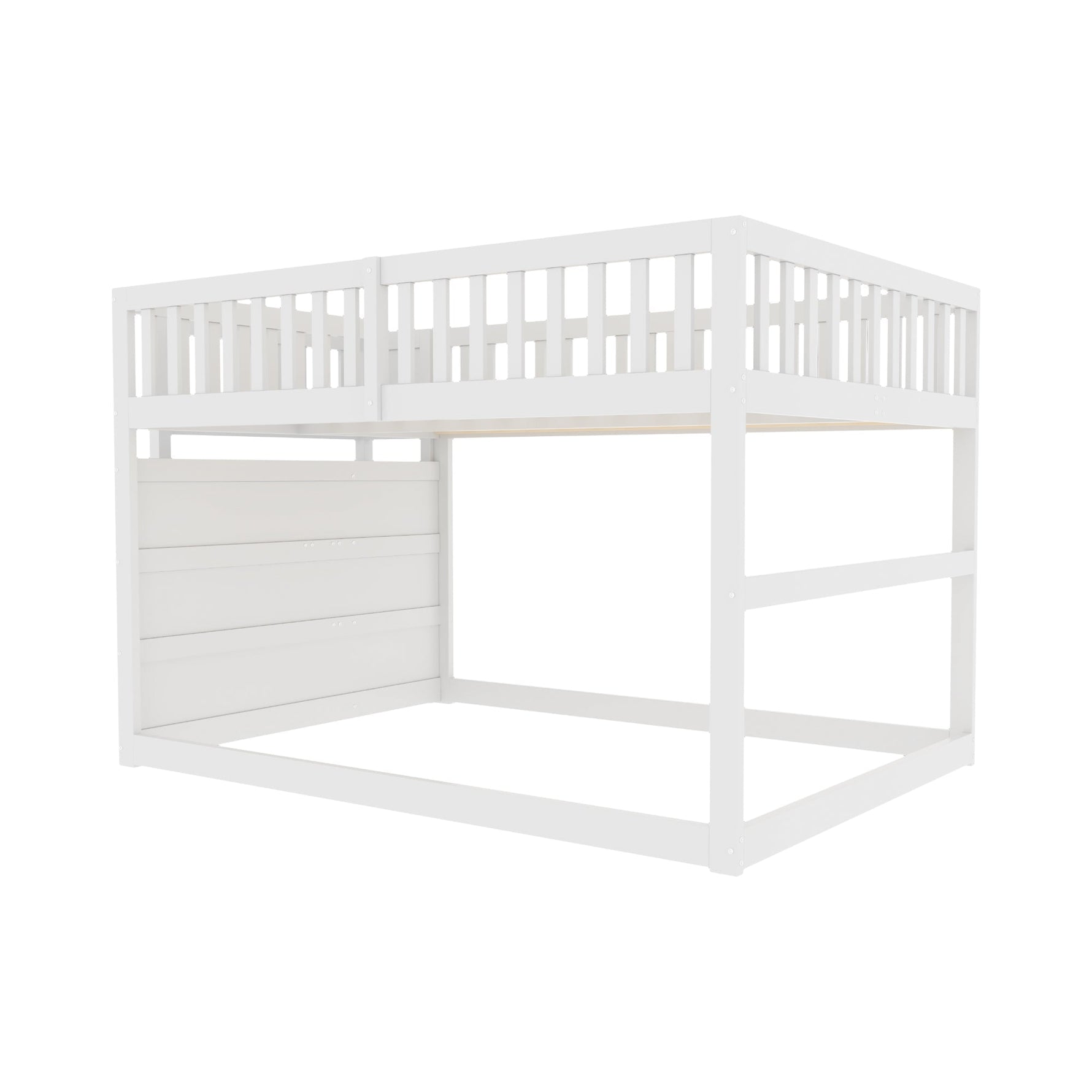 Low Bunk Bed, 140x200cm Safety with Storage & High Fence, Wooden White