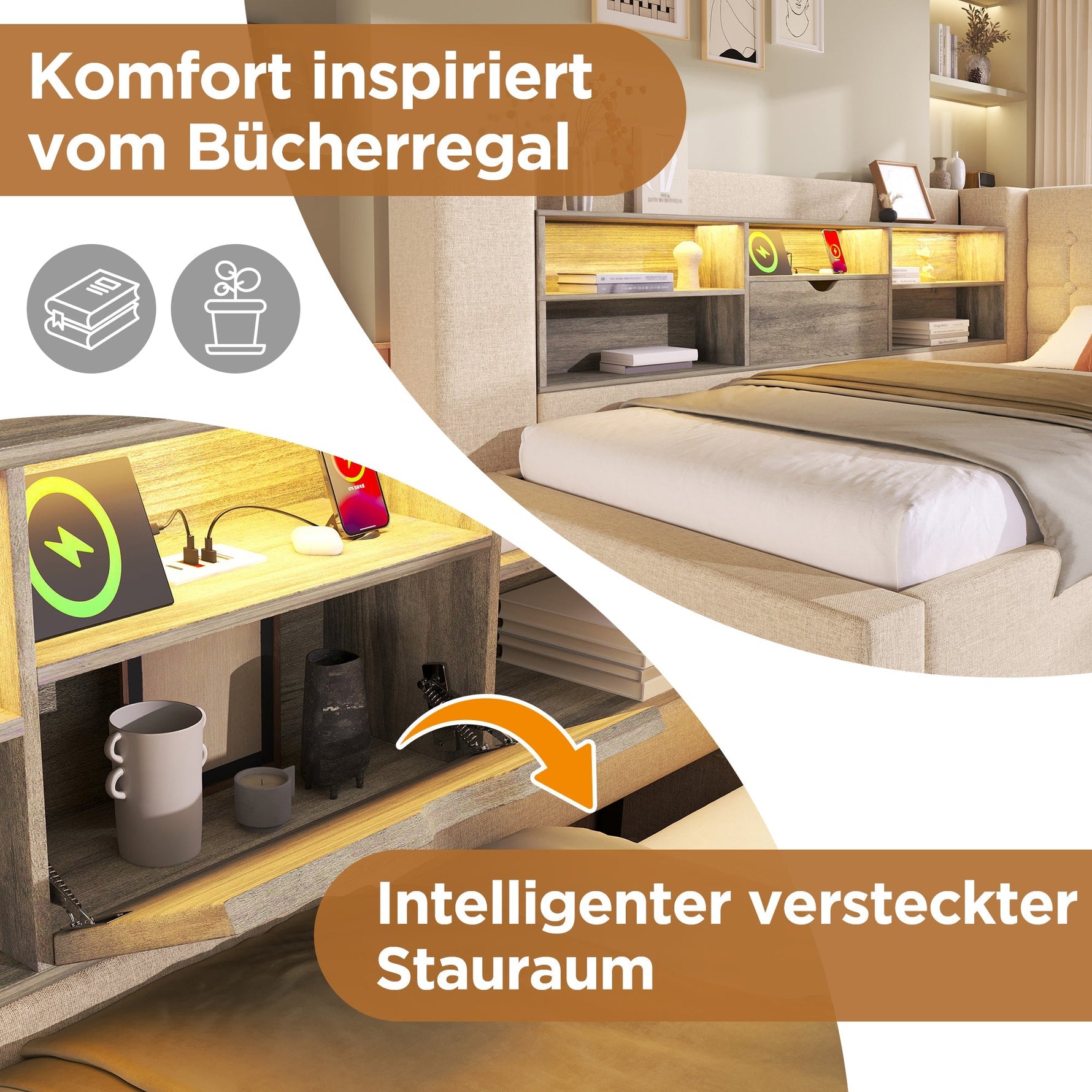 Upholstered Bed 90x200cm Pull-Out Bed LED Storage Headboard - Linen Beige