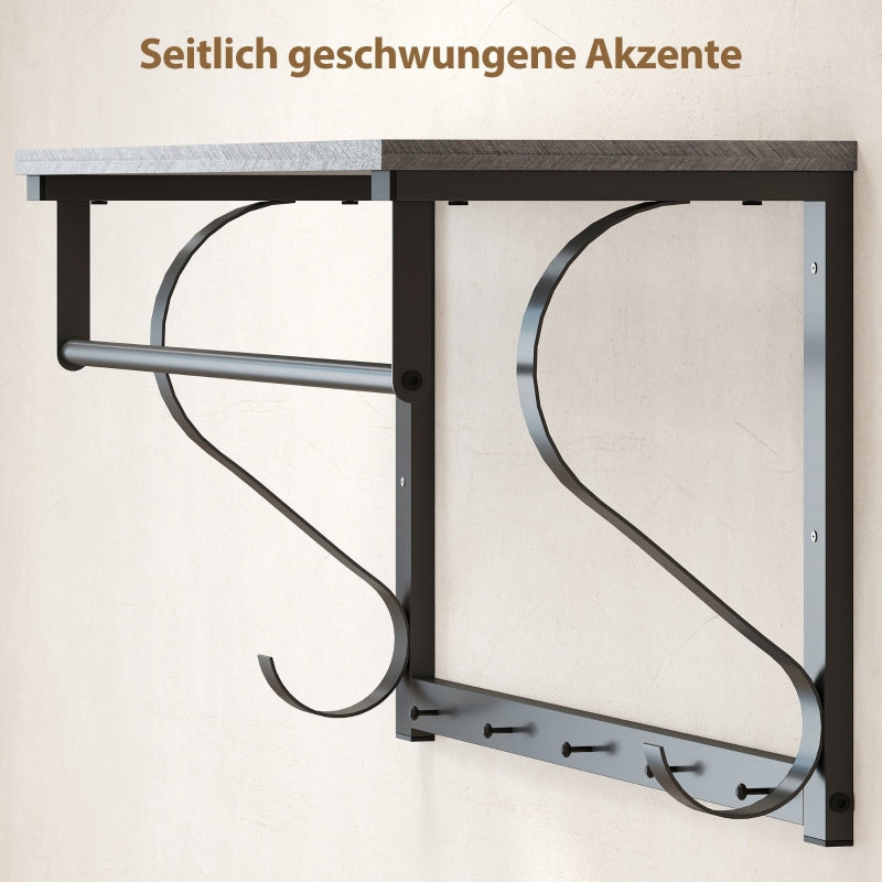 Wall-Mounted Clothes Rack, 5 Hooks with Top Compartment, Grey