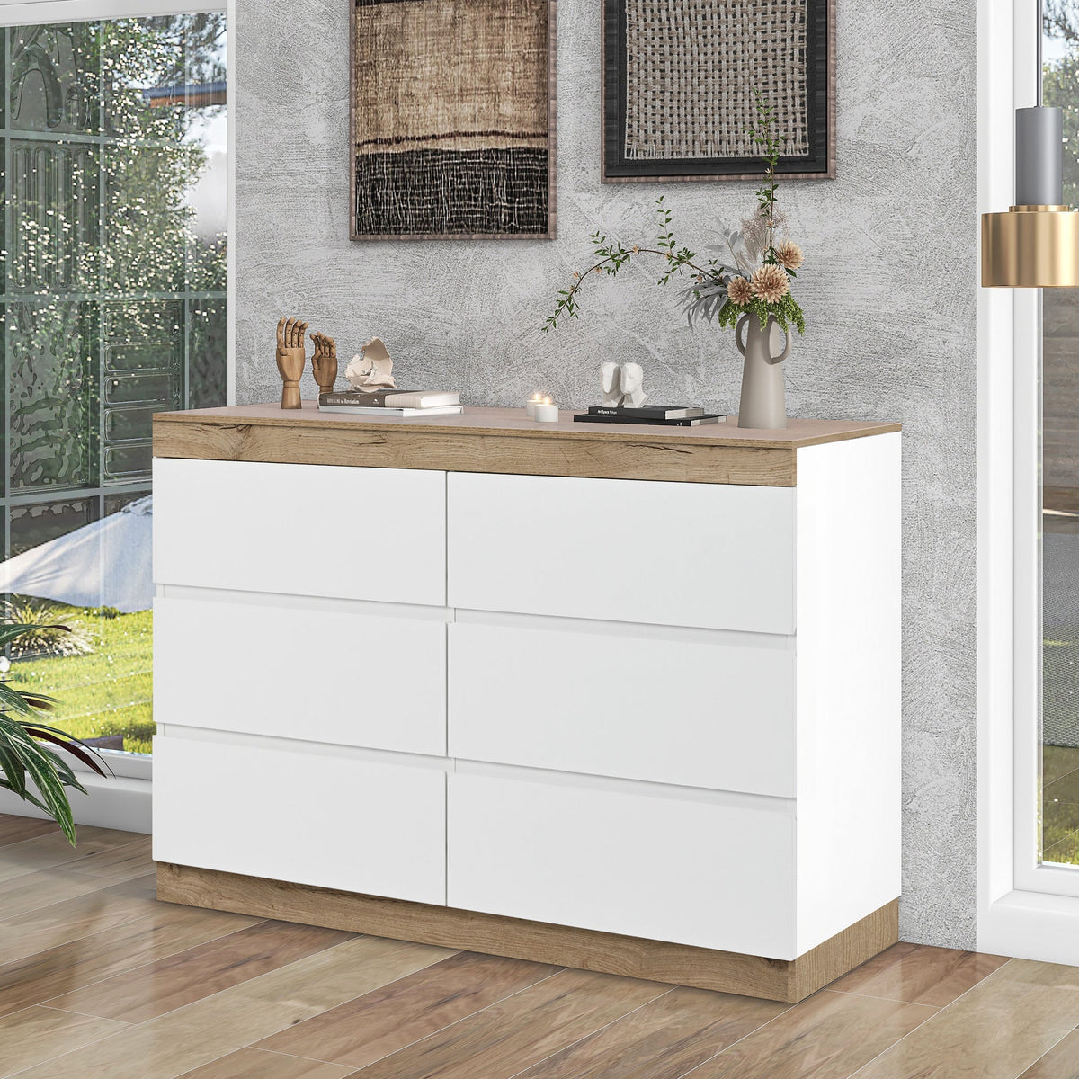 Chest of Drawers with 6 Drawers Lockable Storage for Bedroom & Living Room White/Oak E1 Chipboard