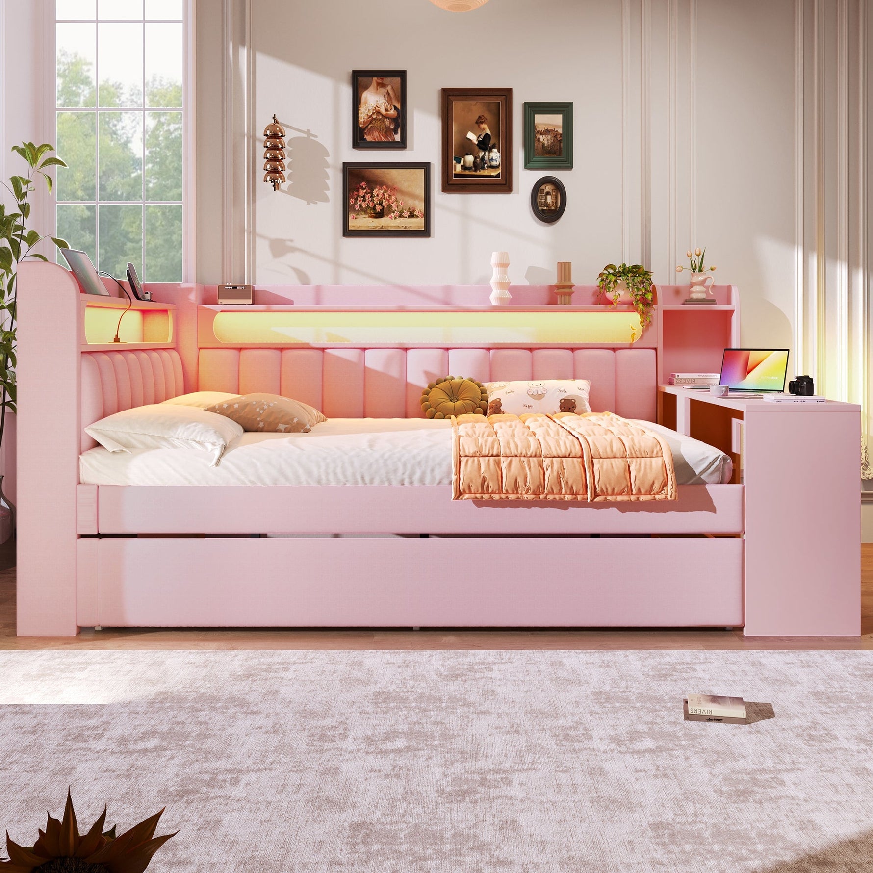 Upholstered Daybed with USB Ports, LED, Pull-out Bed and Desk, 140x200, Pink