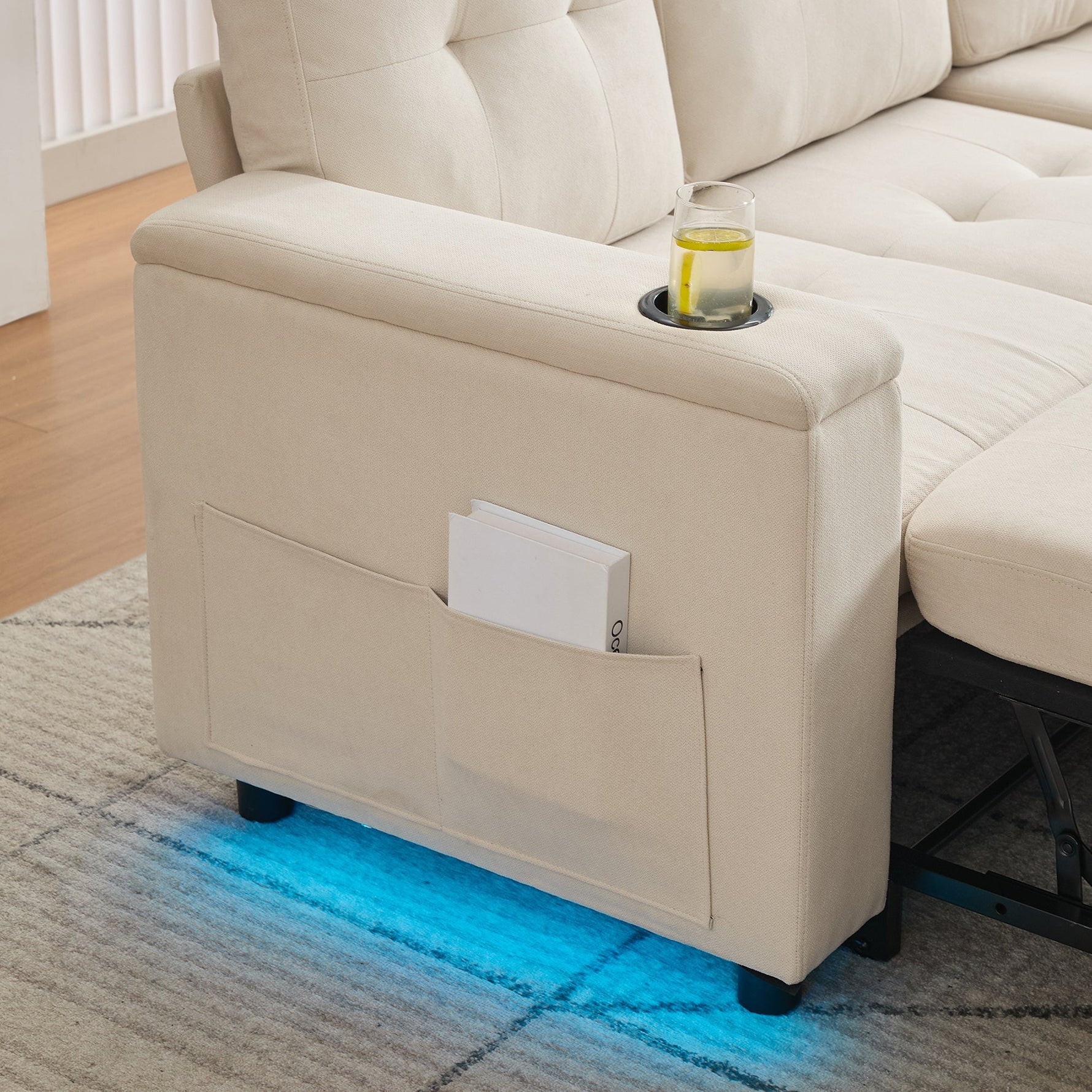 Treviso L-Shaped Sofa Bed 3-Seater Fold-Out Hidden Storage LED Strip Beige