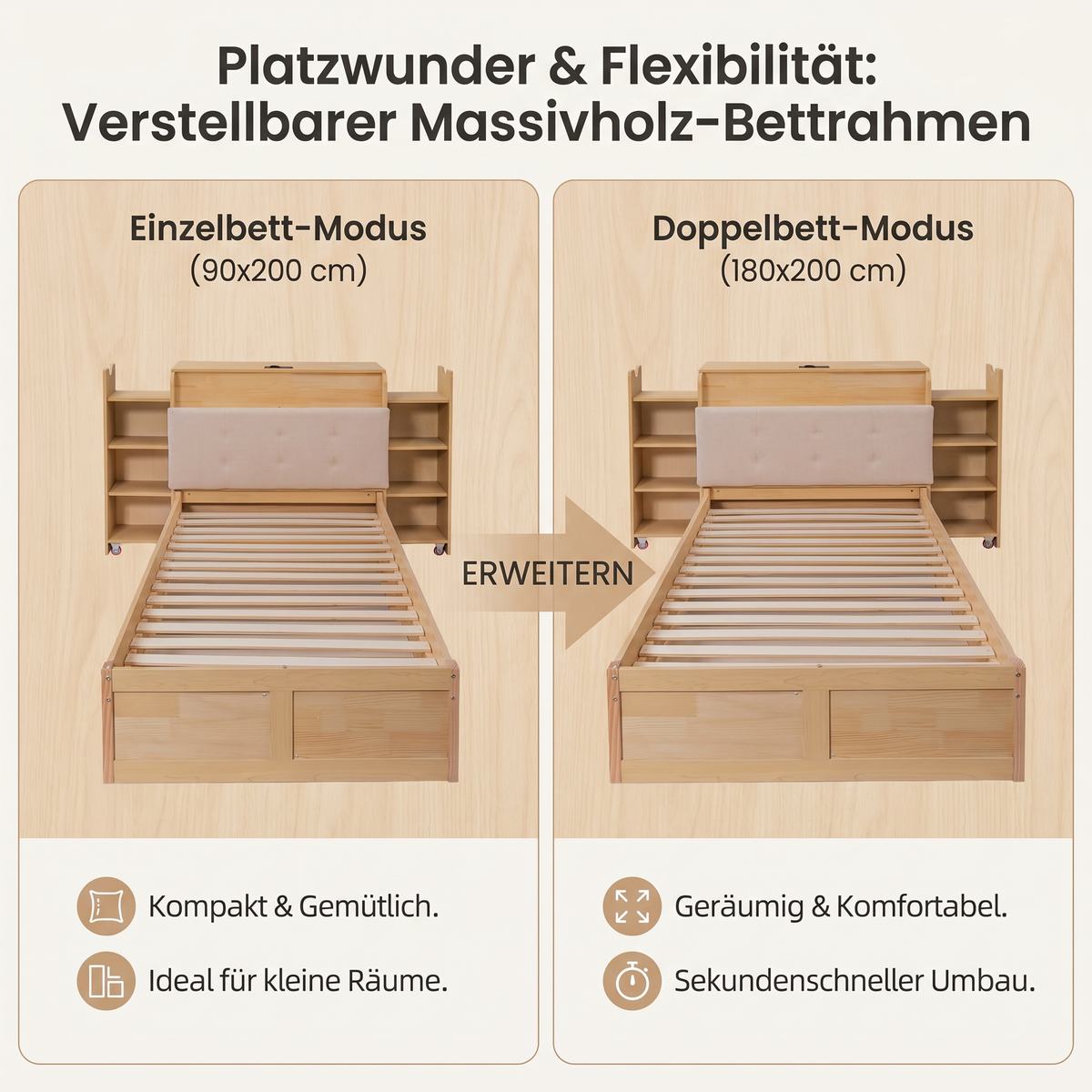Upholstered Double Storage Bed 160x200 LED USB-C, Linen