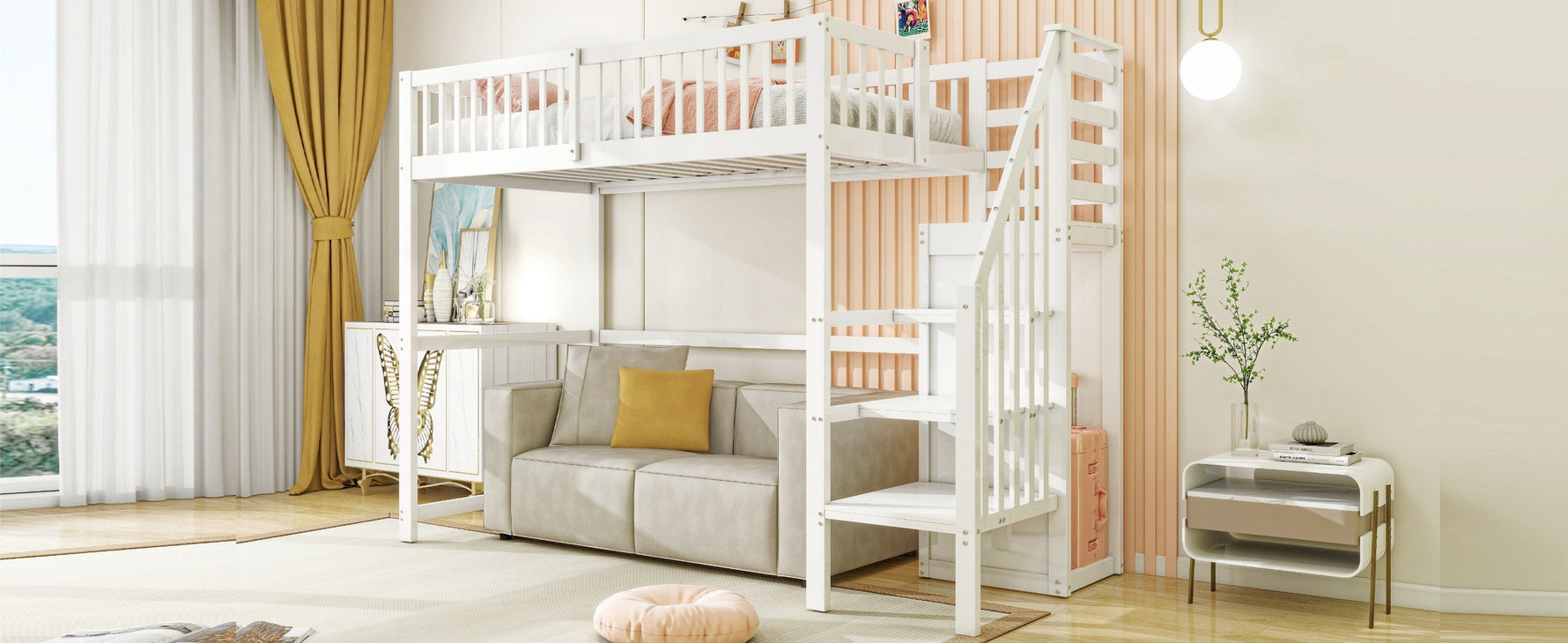 Loft Bed 90x200 with Stairs Storage Shelf Wardrobe, White Wooden