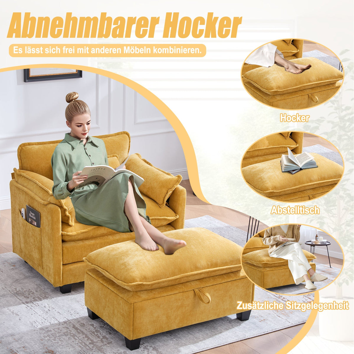 Armchair, Oversized with Footrest & Stool, Velvet