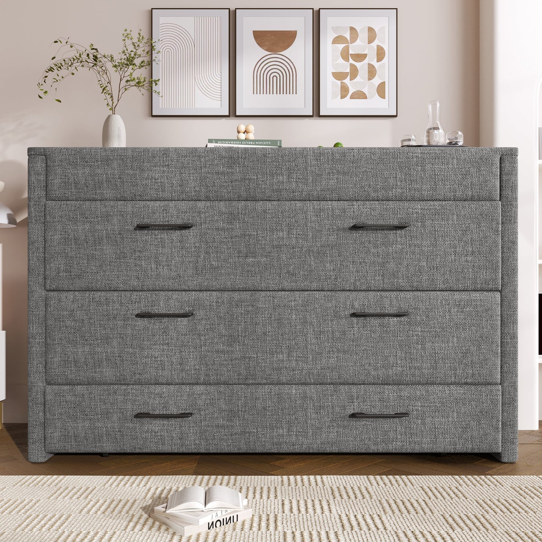 Mobile Murphy Bed with Storage and USB Ports, 140 x 200 cm, Grey Linen