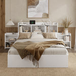 Wooden Double Bed 140x200cm with Integrated Charging, Storage Drawers and Pull-out Bedside Tables, White Wood