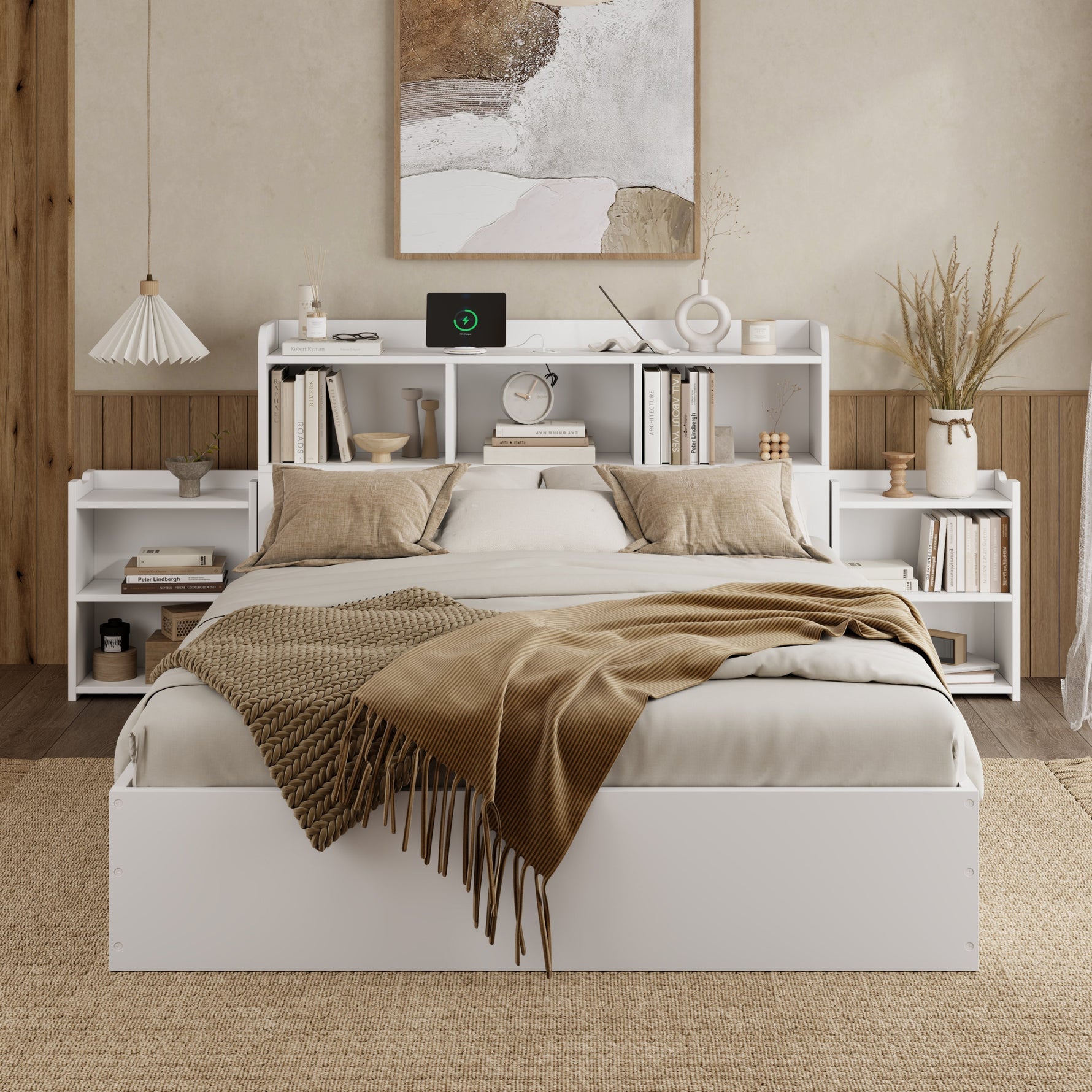 Wooden Double Bed 140x200cm with Integrated Charging, Storage Drawers and Pull-out Bedside Tables, White Wood