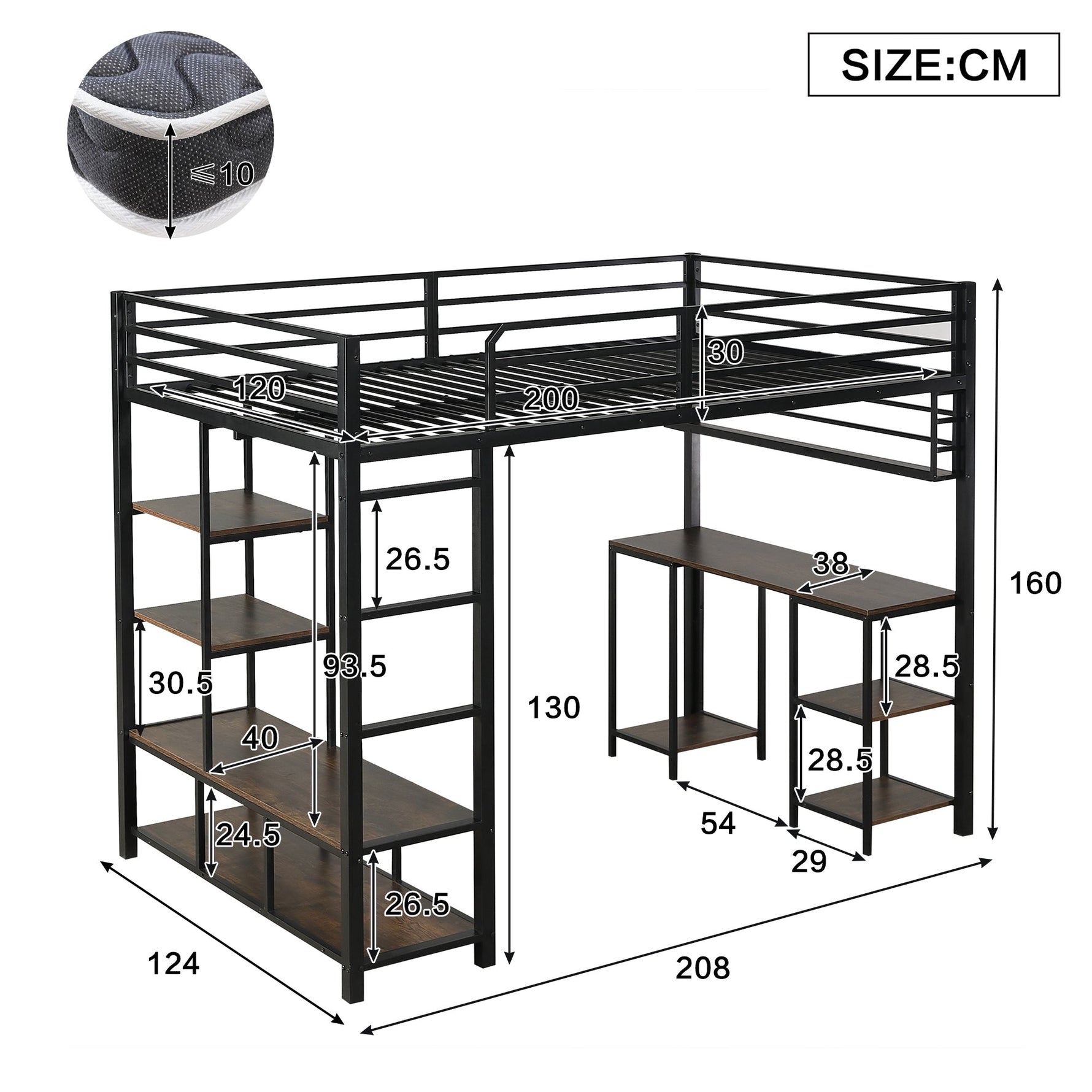 Loft Bed with Desk, Storage, Sturdy Slats, 4-Step Ladder, 120x200cm, Iron + Chipboard Black/Dark