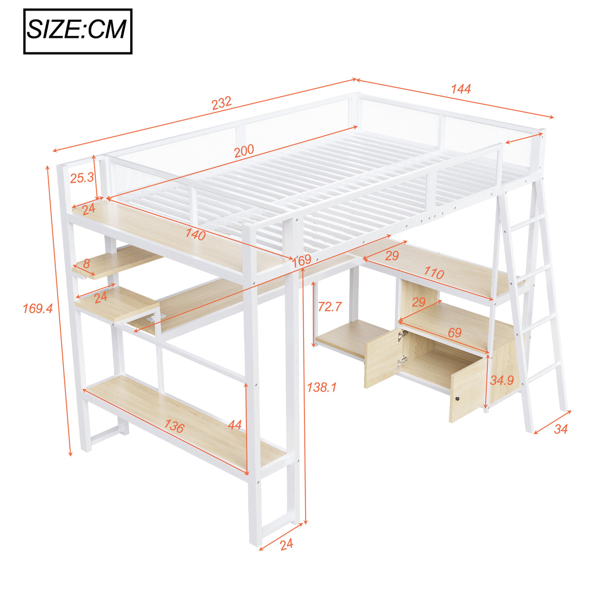 Gaming Loft Bed 140x200cm with Workspace & LED, White Metal
