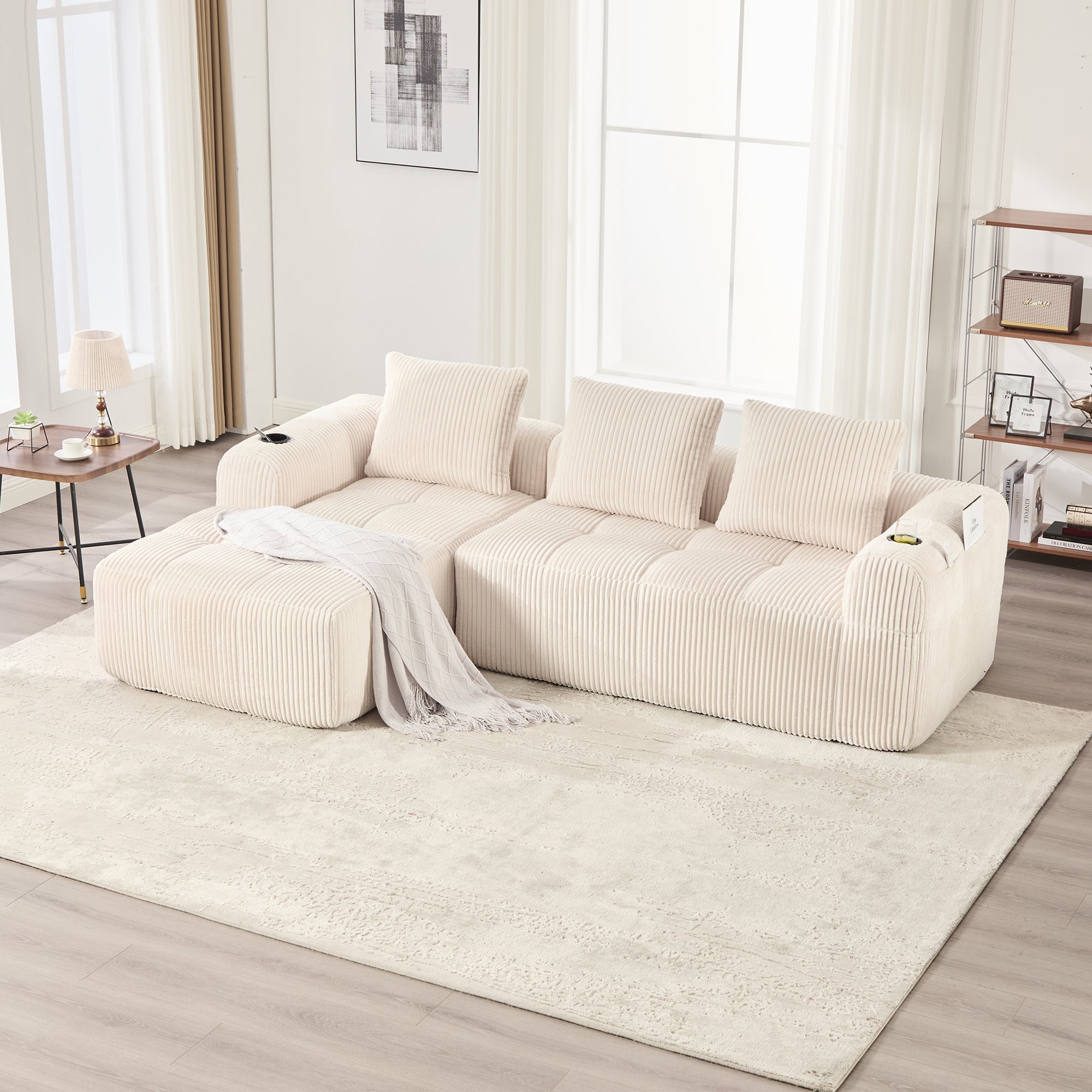 Compact Modular Sofa with Side Pocket, Cup Holder & 3 Cushions - Corduroy Beige
