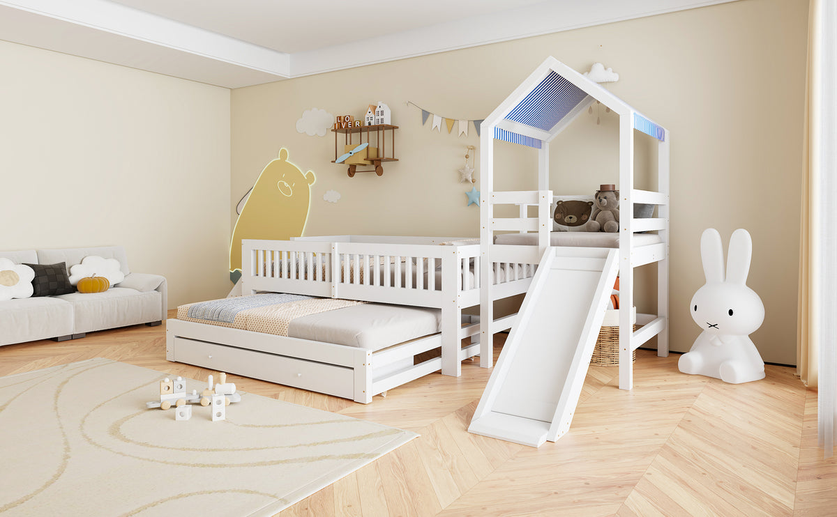 House Bunk Bed with Slide, Trundle & Drawers, White Solid Wood