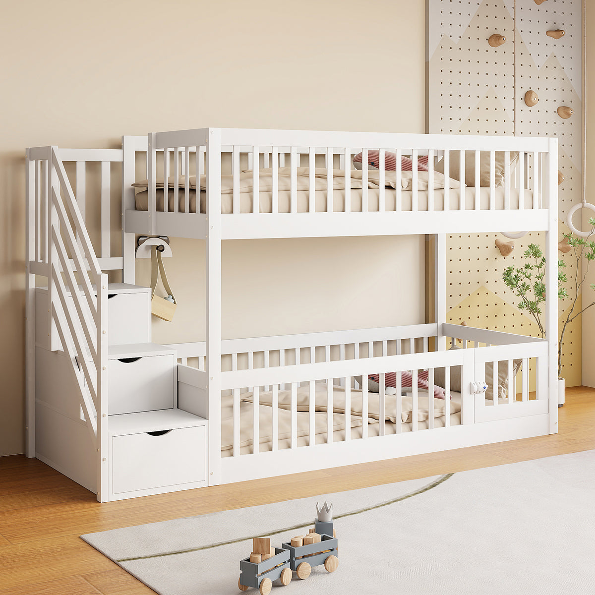 Bunk Bed 90x200 with Safety Stairs & Drawers, White Wood