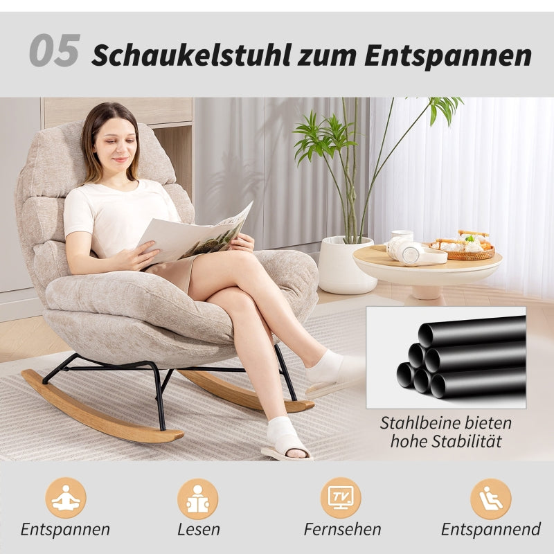 Rocking Chair, Upholstered with Steel Legs and Wooden Runners, Cream White