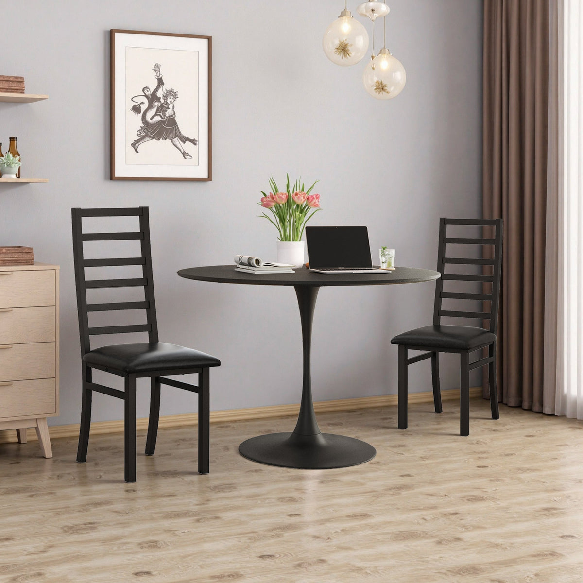 Metal Dining Chairs, High Back Armless, Steel Legs, PU Leather, Black