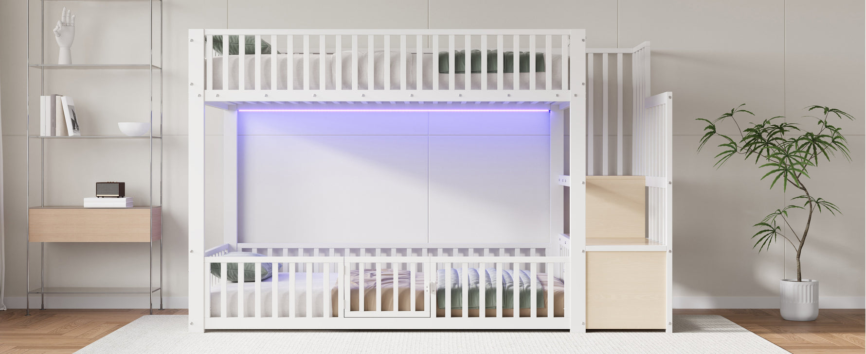 Bunk Bed with Storage Ladder and LED, 90x200cm, White