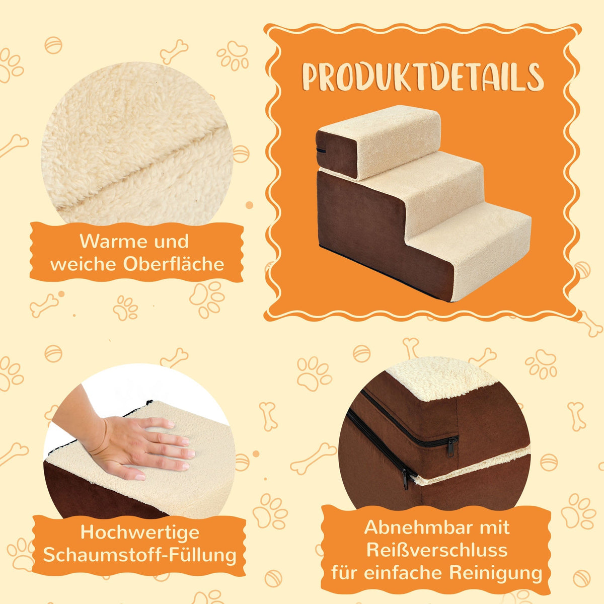 Dog Stairs, 3 Steps Pet Stairs, Plush Beige
