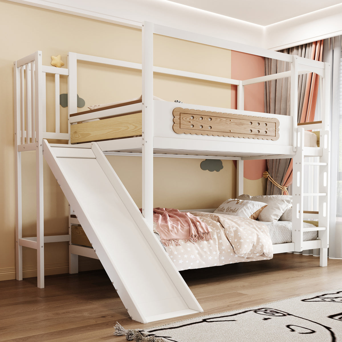 Children's Bunk Bed 90x200 with House Frame & Slide, Wood Color