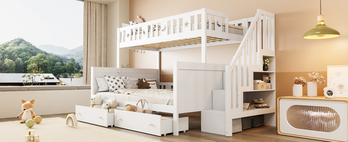 Children's Bunk Bed with Safety Stairs & Drawers, White