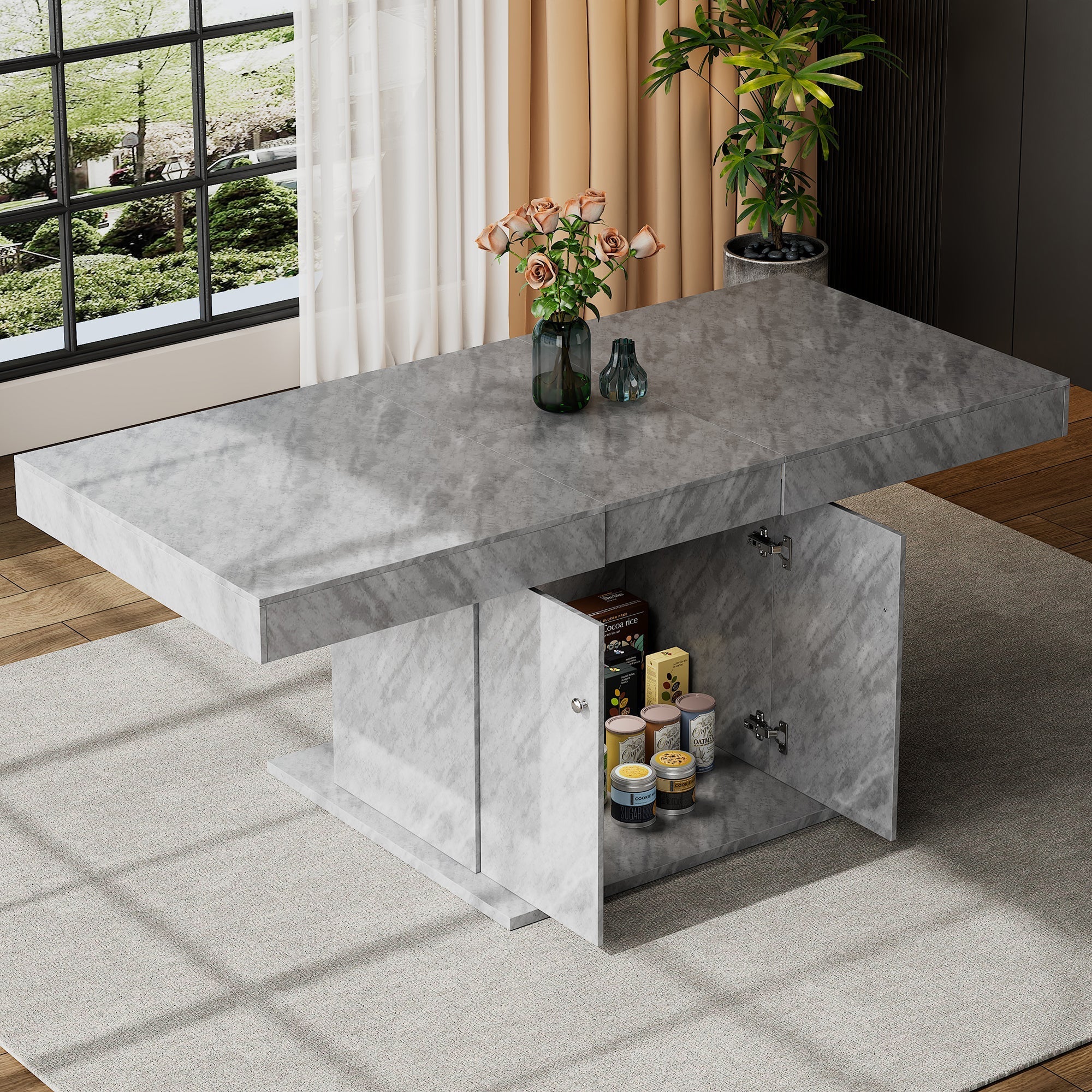 Extendable Dining Table Automatic Telescopic Storage 140/180x80cm - Concrete Look