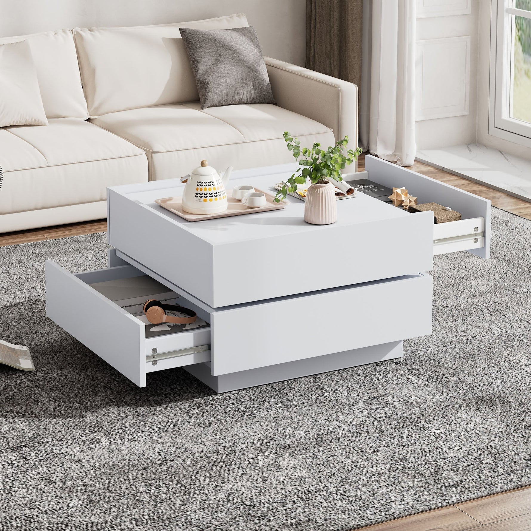 Coffee Table, Functional 360° Rotating with 2 Shelves & Storage, Pure White