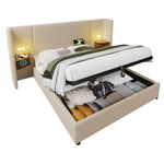 Upholstered Double Bed 160x200, with Bedside Table, Reading Lamp, USB-C, Storage, Solid Wood & Metal Frame, Beige Linen