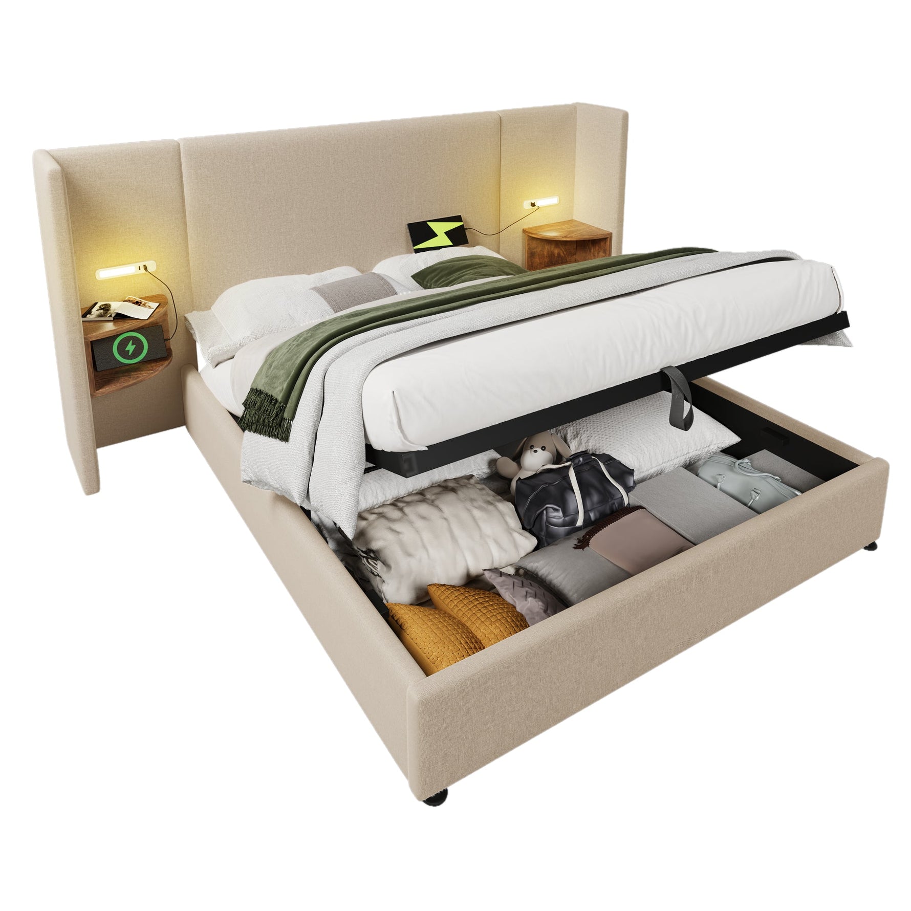 Upholstered Double Bed 160x200, with Bedside Table, Reading Lamp, USB-C, Storage, Solid Wood & Metal Frame, Beige Linen