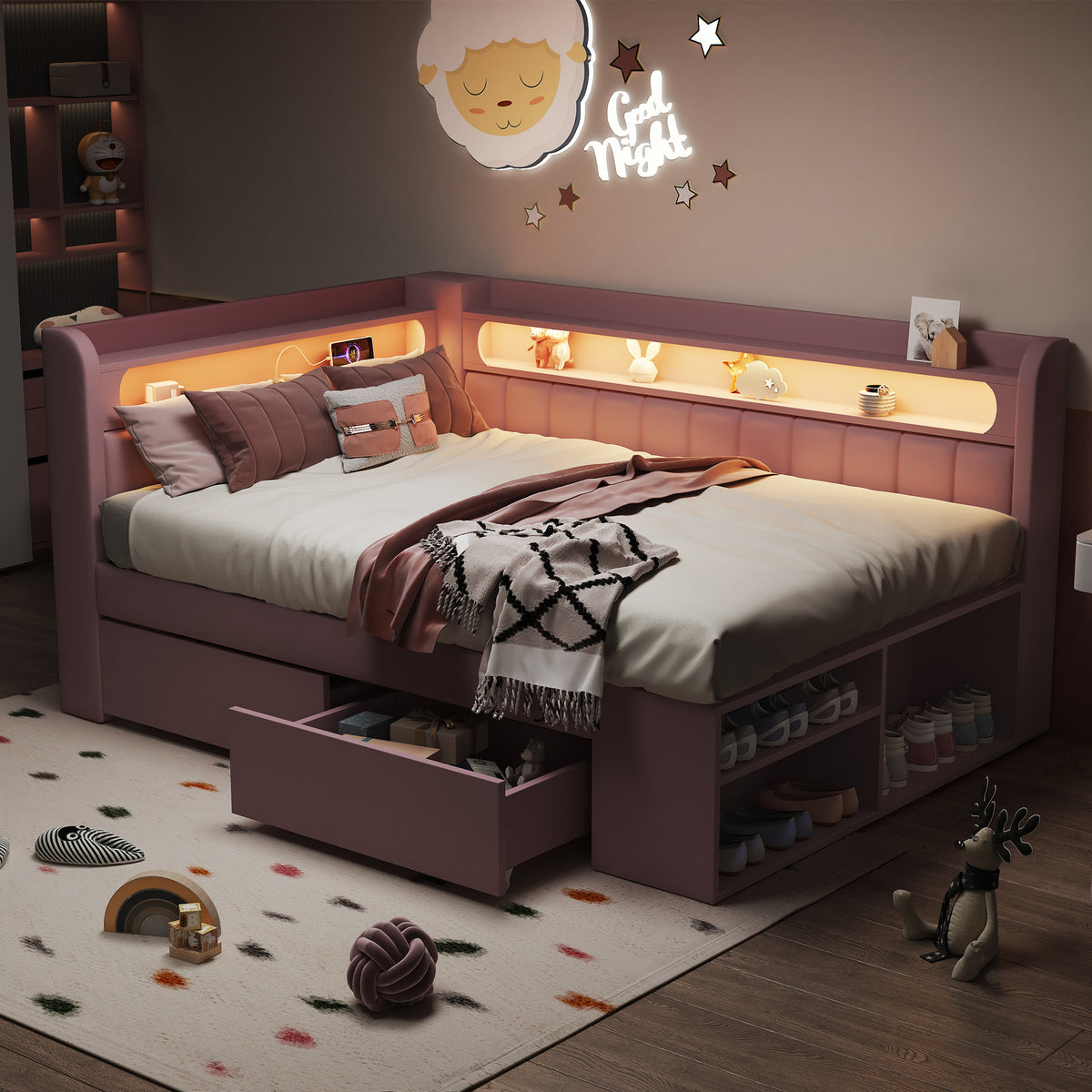 Upholstered Sofa Bed 90x200cm with Drawers & USB, Pink