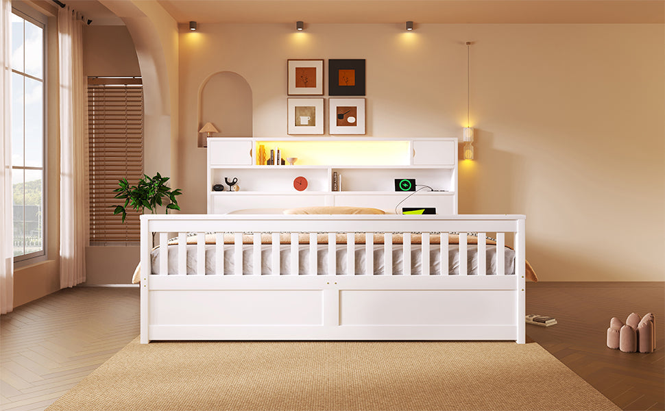 Platform Bed Frame with Storage Shelves, LED, USB and 4 Drawers, 180x200cm, White