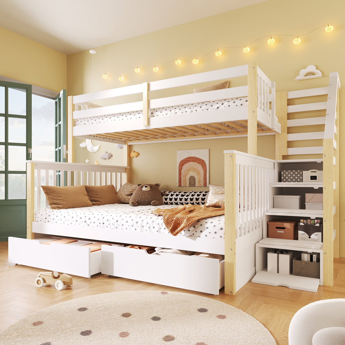 Iron Bunk Bed with Ladder & Storage, 120x200cm, Black Iron & MDF