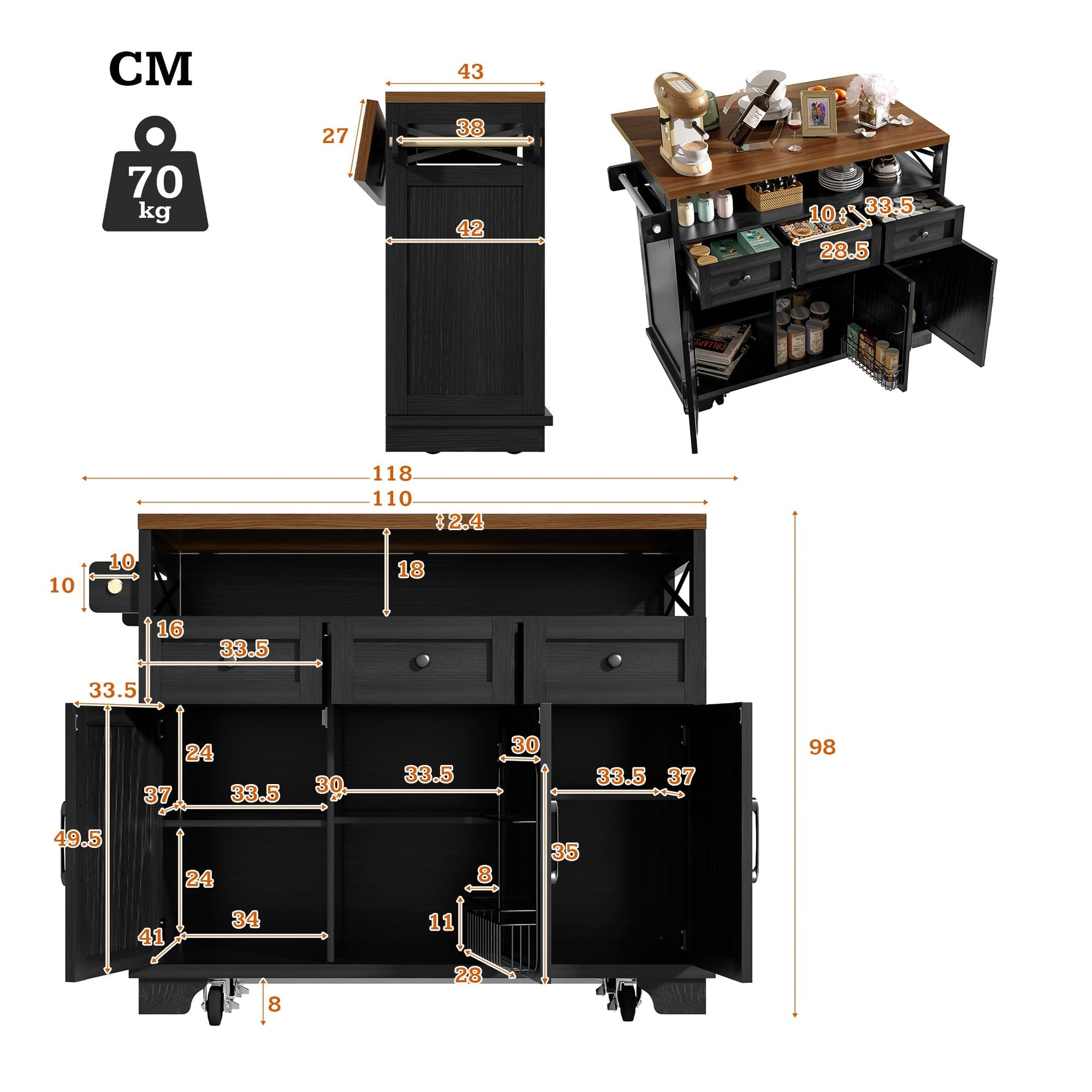 Kitchen Island Mobile Storage Cart with Dividers & Towel Rail - Wood Grain Black