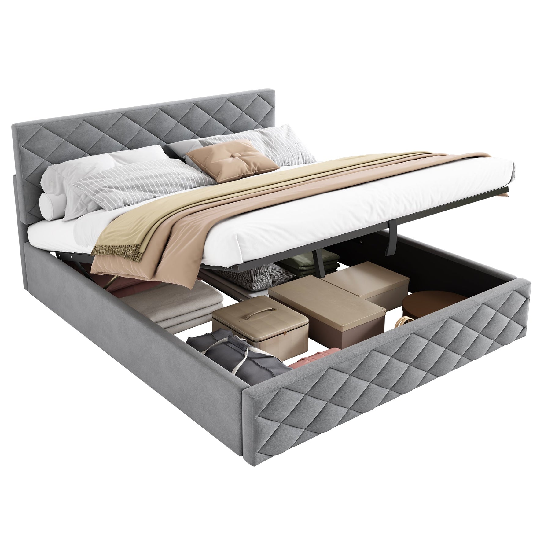 Upholstered Bed with Hydraulic Slatted Frame and Storage, 140x200cm, Grey