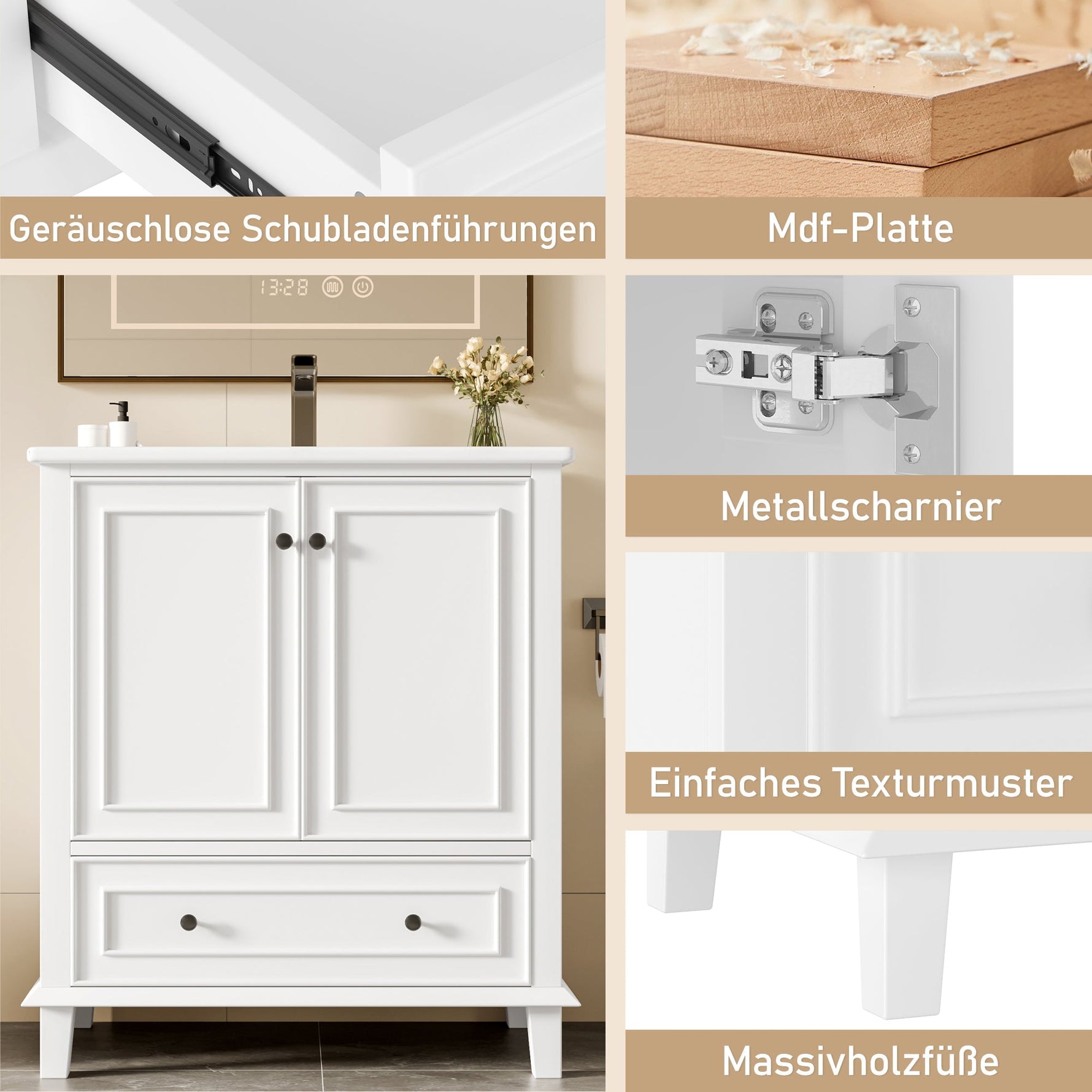 Bathroom Vanity Unit with Ceramic Sink and Solid Wood Legs, White