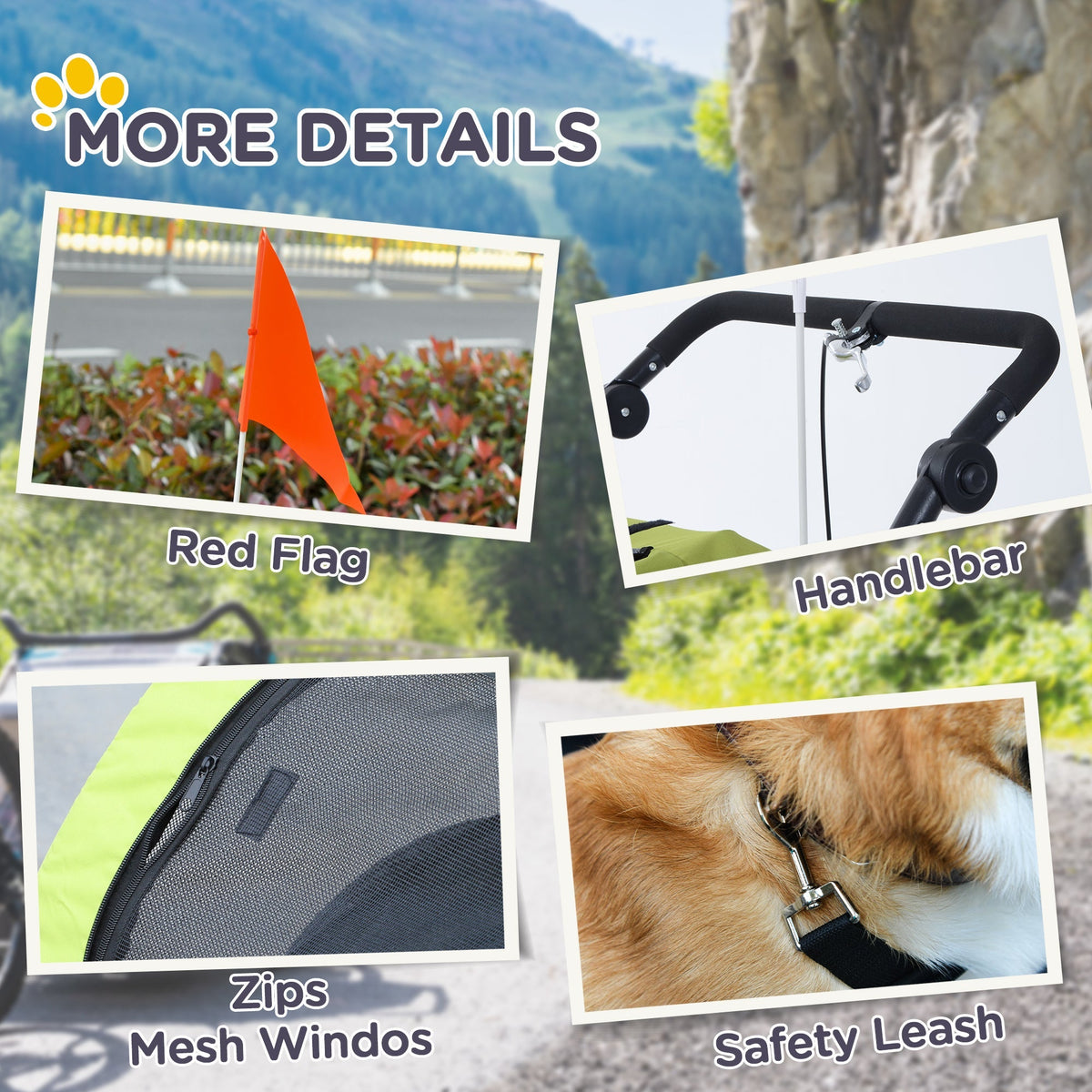 Dog Trailer Jogger Bike Trailer, Large & Sturdy, with Safety Flag, Green+Gray
