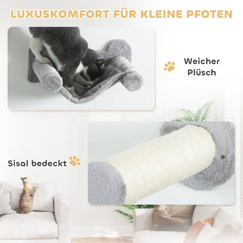 PwaHut Cat Climbing Wall Set with Cat House, Hammock, Scratching Post, Grey