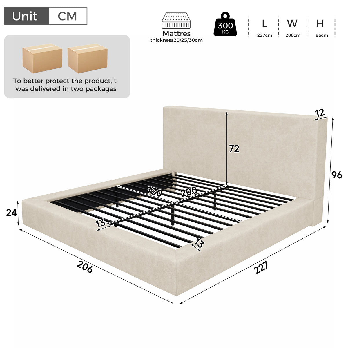 Upholstered Double Bed 180x200 cm with Slatted Base, Beige Chenille
