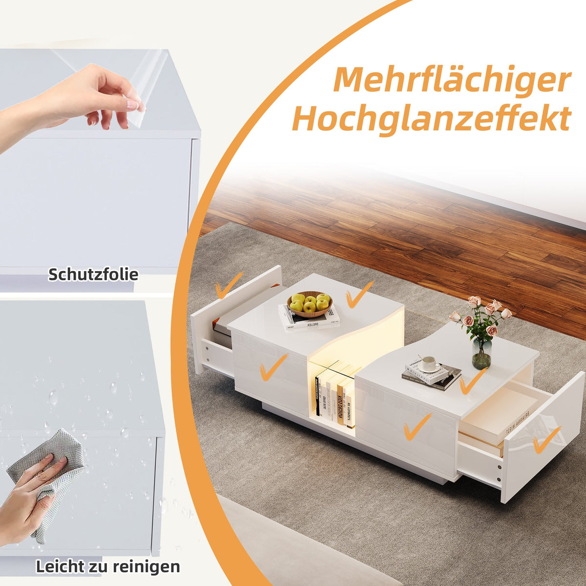 Modern LED Coffee Table, 2 Drawers 100x50x35cm, White High-Gloss MDF